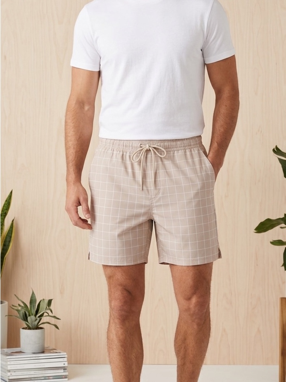 Xersion Beige White Windowpane Drawstring Shorts Size L